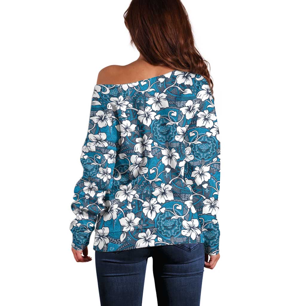 Karakarawa Bula Fiji Off Shoulder Sweater Fijian Tapa Seamless Hibiscus - Polynesian Pride
