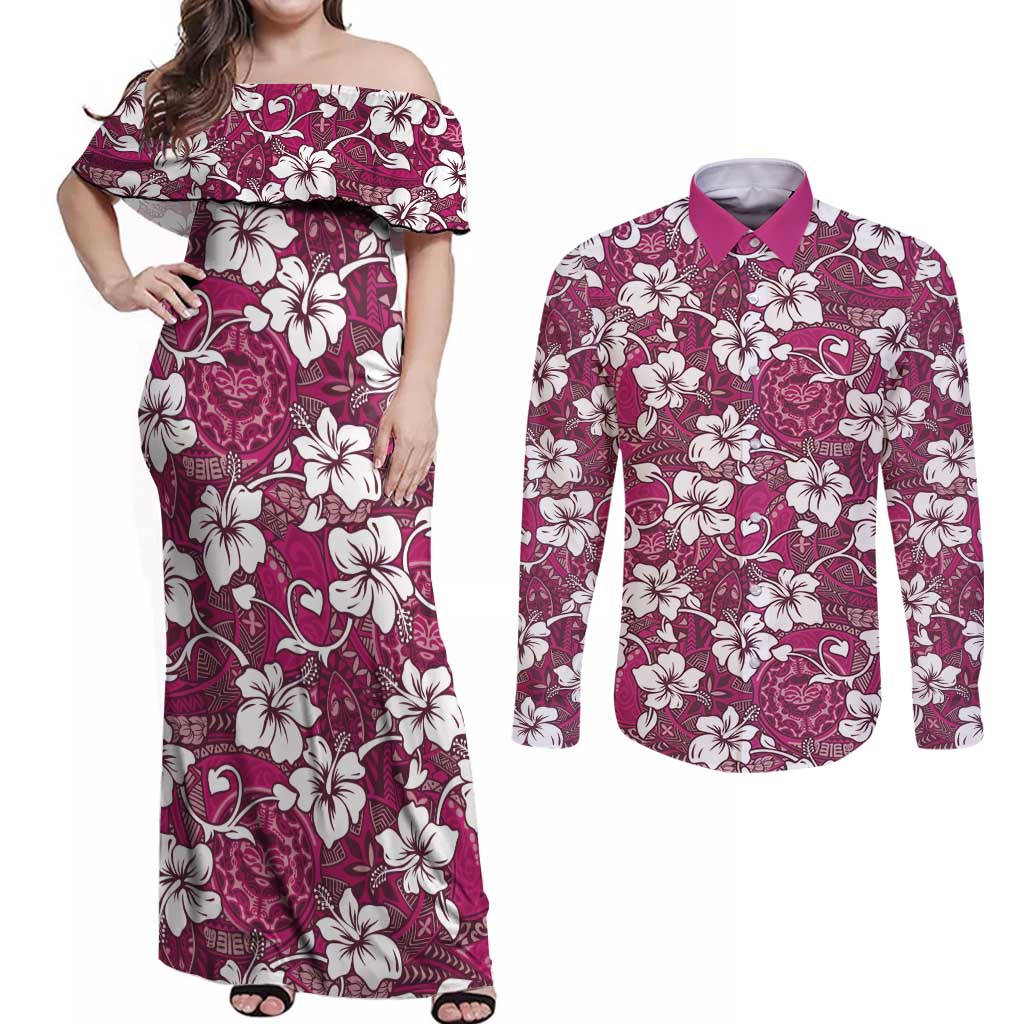 Piqi Bula Fiji Couples Matching Off Shoulder Maxi Dress and Long Sleeve Button Shirt Fijian Tapa Seamless Hibiscus LT14 Pink - Polynesian Pride