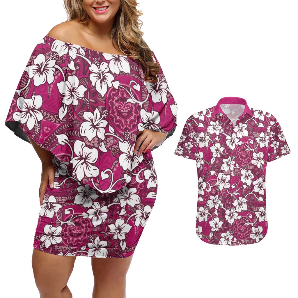 Piqi Bula Fiji Couples Matching Off Shoulder Short Dress and Hawaiian Shirt Fijian Tapa Seamless Hibiscus - Polynesian Pride