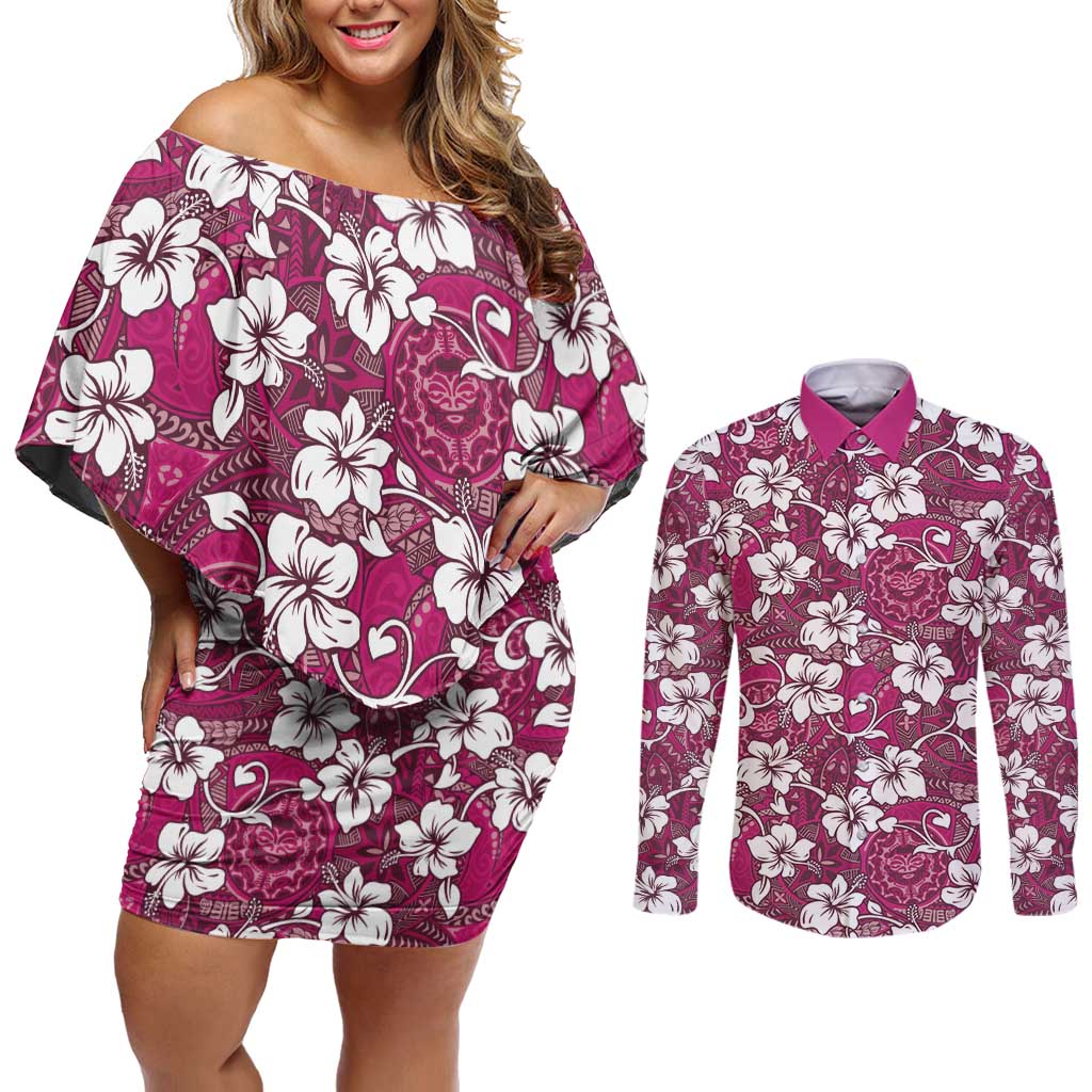 Piqi Bula Fiji Couples Matching Off Shoulder Short Dress and Long Sleeve Button Shirt Fijian Tapa Seamless Hibiscus LT14 Pink - Polynesian Pride