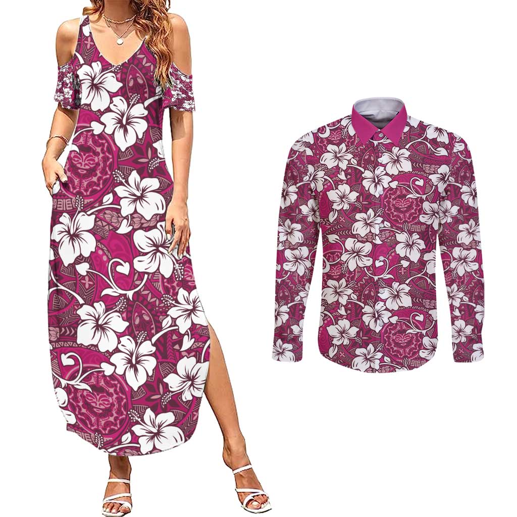Piqi Bula Fiji Couples Matching Summer Maxi Dress and Long Sleeve Button Shirt Fijian Tapa Seamless Hibiscus - Polynesian Pride