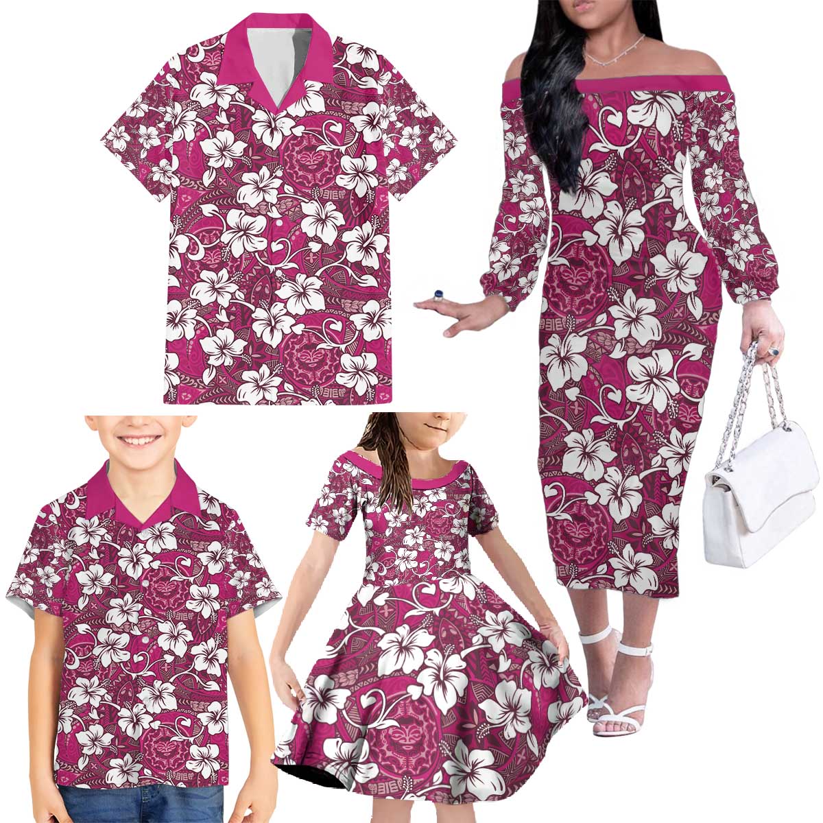Piqi Bula Fiji Family Matching Off The Shoulder Long Sleeve Dress and Hawaiian Shirt Fijian Tapa Seamless Hibiscus - Polynesian Pride