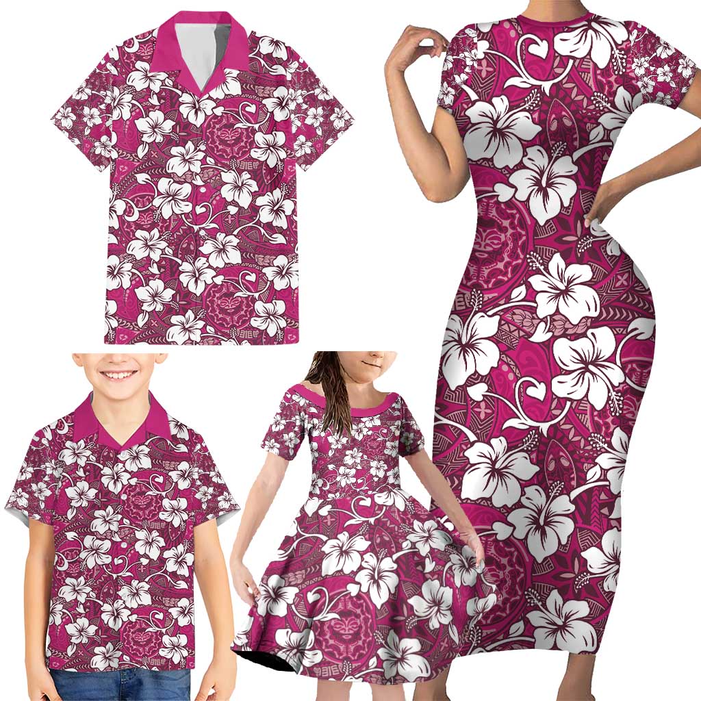 Piqi Bula Fiji Family Matching Short Sleeve Bodycon Dress and Hawaiian Shirt Fijian Tapa Seamless Hibiscus - Polynesian Pride