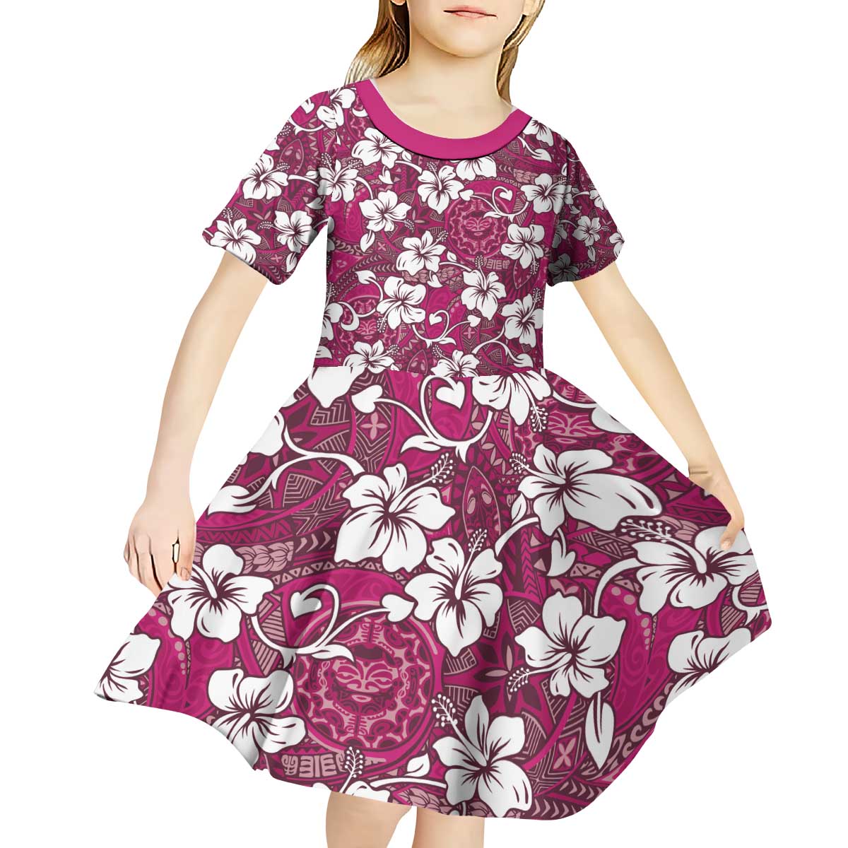 Piqi Bula Fiji Kid Short Sleeve Dress Fijian Tapa Seamless Hibiscus - Polynesian Pride