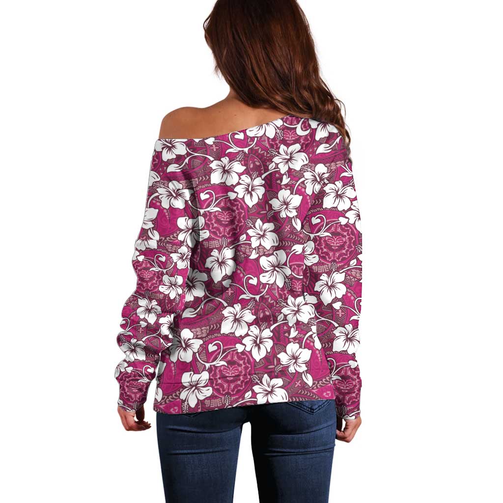 Piqi Bula Fiji Off Shoulder Sweater Fijian Tapa Seamless Hibiscus - Polynesian Pride