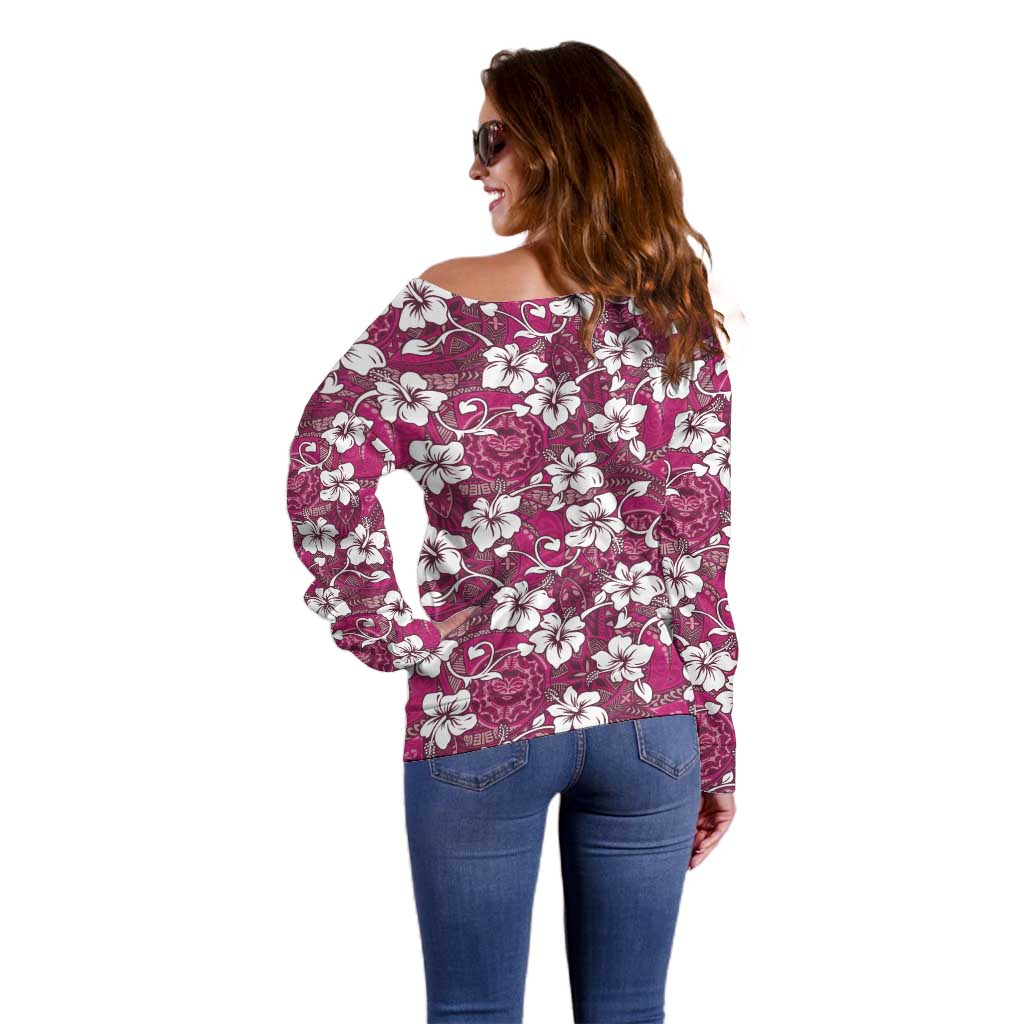 Piqi Bula Fiji Off Shoulder Sweater Fijian Tapa Seamless Hibiscus - Polynesian Pride