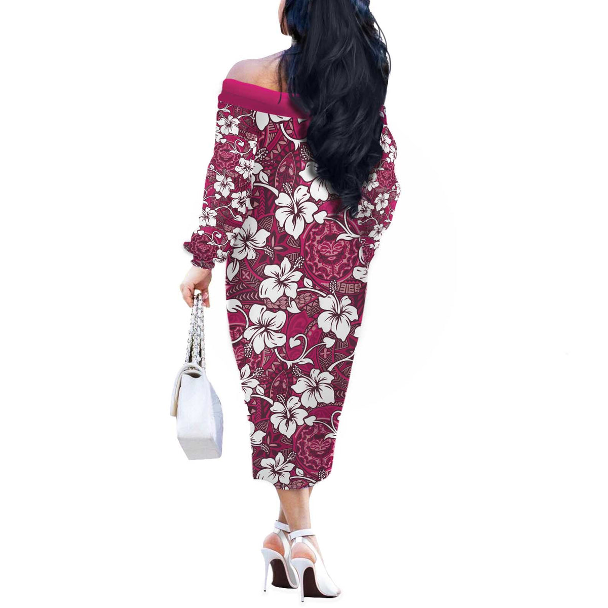 Piqi Bula Fiji Off The Shoulder Long Sleeve Dress Fijian Tapa Seamless Hibiscus - Polynesian Pride