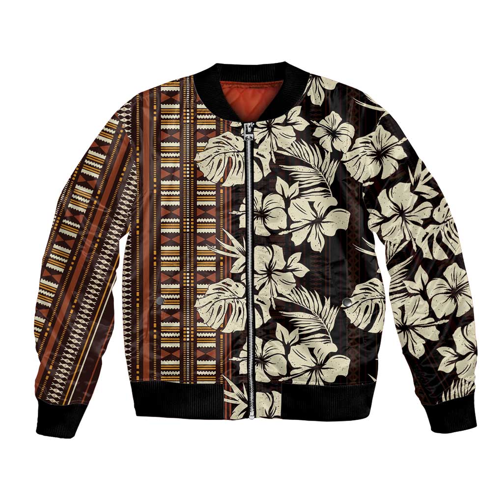 Bula Fiji Masi Bomber Jacket Tapa Tropical Hibiscus Half Stylized - Polynesian Pride