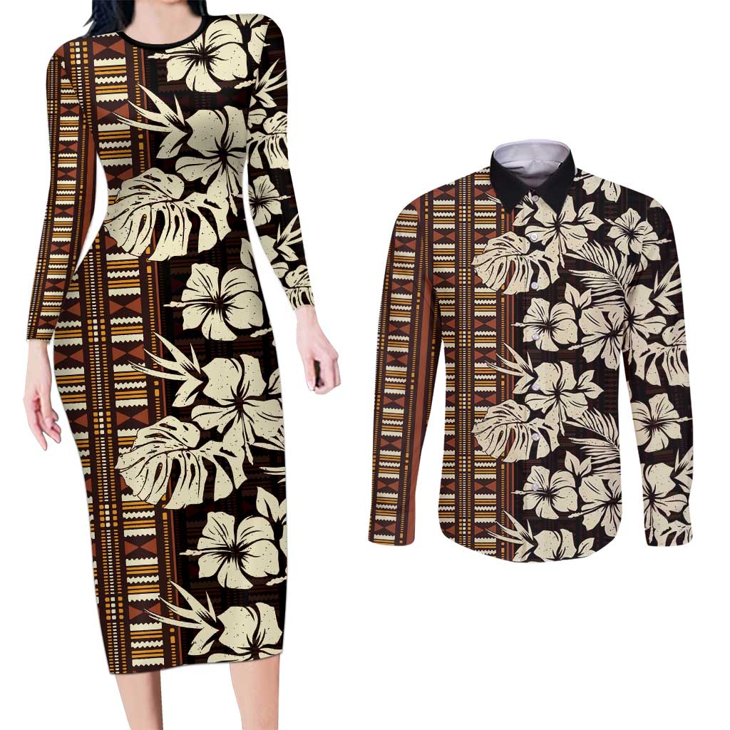 Bula Fiji Masi Couples Matching Long Sleeve Bodycon Dress and Long Sleeve Button Shirt Tapa Tropical Hibiscus Half Stylized - Polynesian Pride