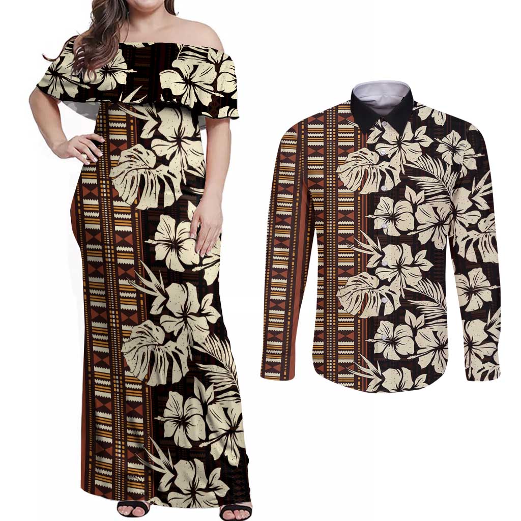 Bula Fiji Masi Couples Matching Off Shoulder Maxi Dress and Long Sleeve Button Shirt Tapa Tropical Hibiscus Half Stylized - Polynesian Pride