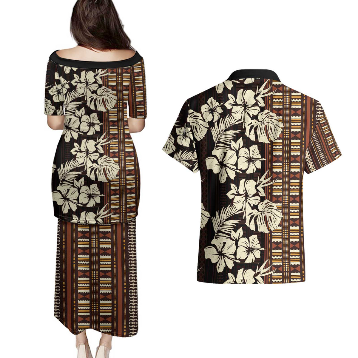 Bula Fiji Masi Couples Matching Puletasi and Hawaiian Shirt Tapa Tropical Hibiscus Half Stylized - Polynesian Pride