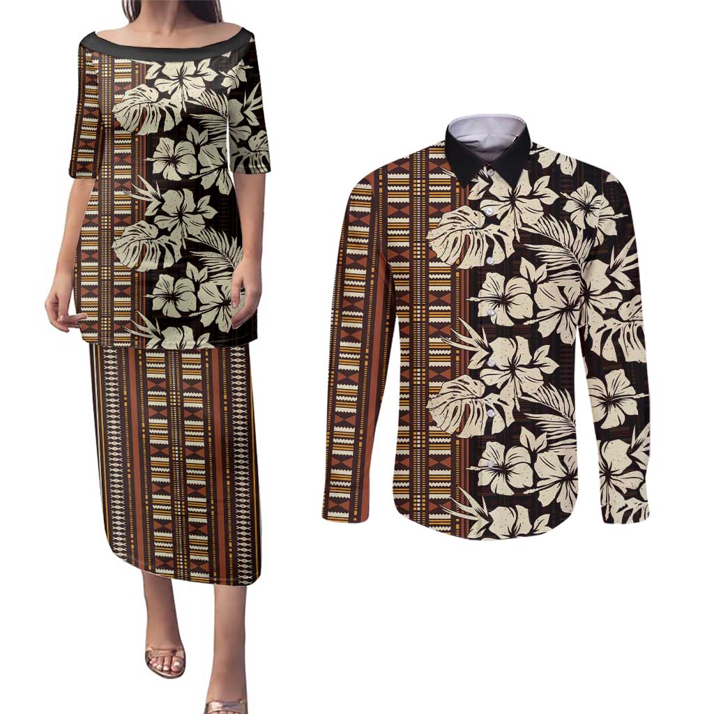 Bula Fiji Masi Couples Matching Puletasi and Long Sleeve Button Shirt Tapa Tropical Hibiscus Half Stylized - Polynesian Pride
