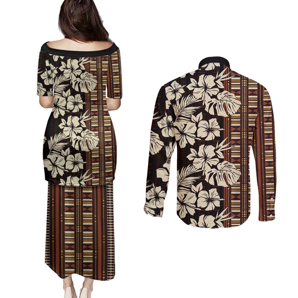 Bula Fiji Masi Couples Matching Puletasi and Long Sleeve Button Shirt Tapa Tropical Hibiscus Half Stylized - Polynesian Pride