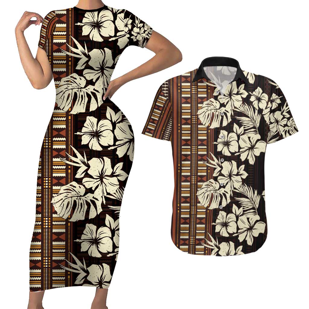 Bula Fiji Masi Couples Matching Short Sleeve Bodycon Dress and Hawaiian Shirt Tapa Tropical Hibiscus Half Stylized - Polynesian Pride