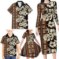 Bula Fiji Masi Family Matching Long Sleeve Bodycon Dress and Hawaiian Shirt Tapa Tropical Hibiscus Half Stylized - Polynesian Pride