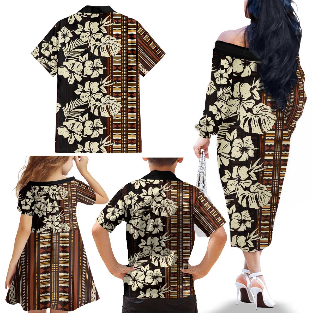 Bula Fiji Masi Family Matching Off The Shoulder Long Sleeve Dress and Hawaiian Shirt Tapa Tropical Hibiscus Half Stylized - Polynesian Pride