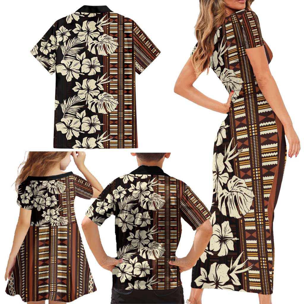 Bula Fiji Masi Family Matching Short Sleeve Bodycon Dress and Hawaiian Shirt Tapa Tropical Hibiscus Half Stylized - Polynesian Pride