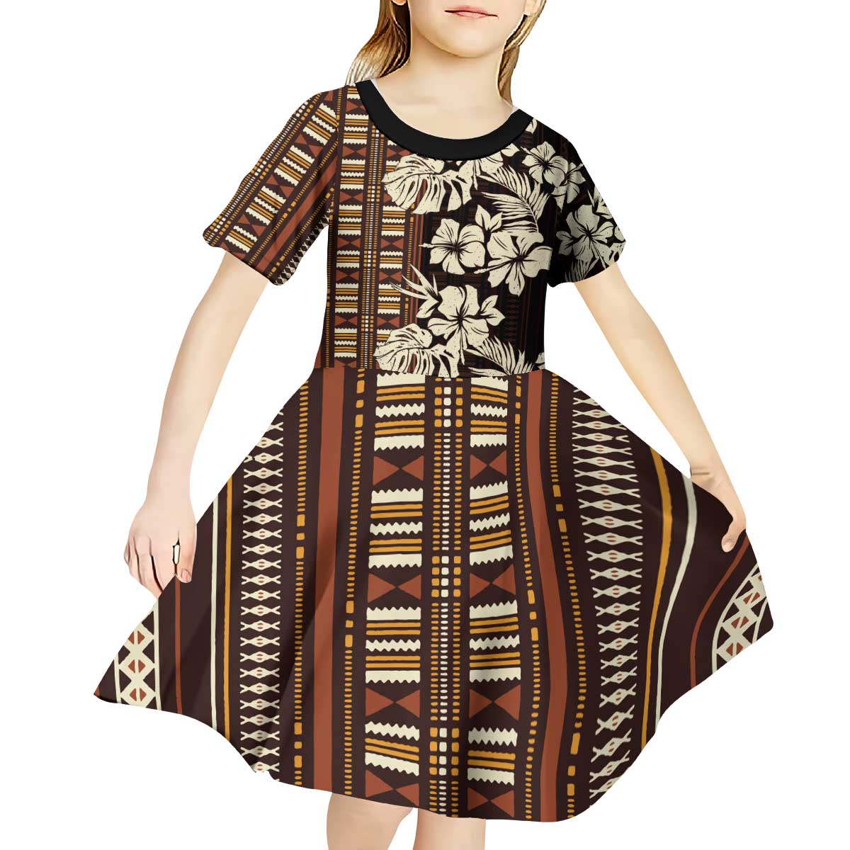 Bula Fiji Masi Kid Short Sleeve Dress Tapa Tropical Hibiscus Half Stylized - Polynesian Pride