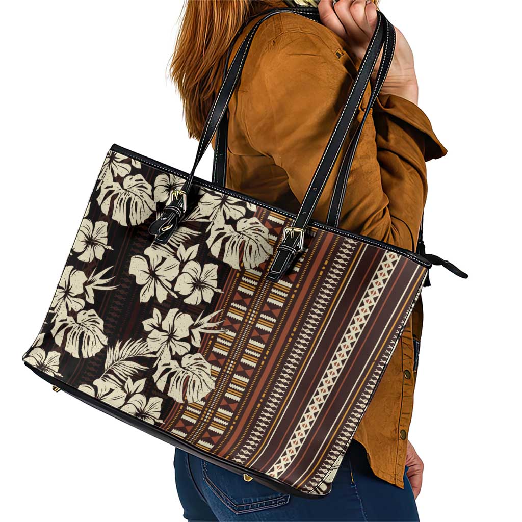 Bula Fiji Masi Leather Tote Bag Tapa Tropical Hibiscus Half Stylized - Polynesian Pride