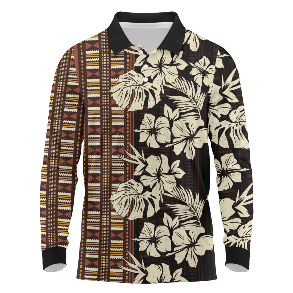 Bula Fiji Masi Long Sleeve Polo Shirt Tapa Tropical Hibiscus Half Stylized - Polynesian Pride