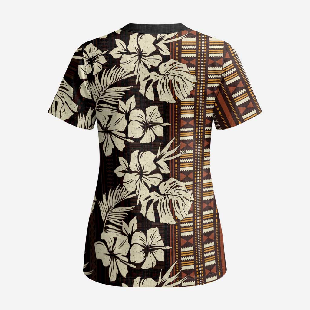 Bula Fiji Masi Scrub Top Tapa Tropical Hibiscus Half Stylized - Polynesian Pride
