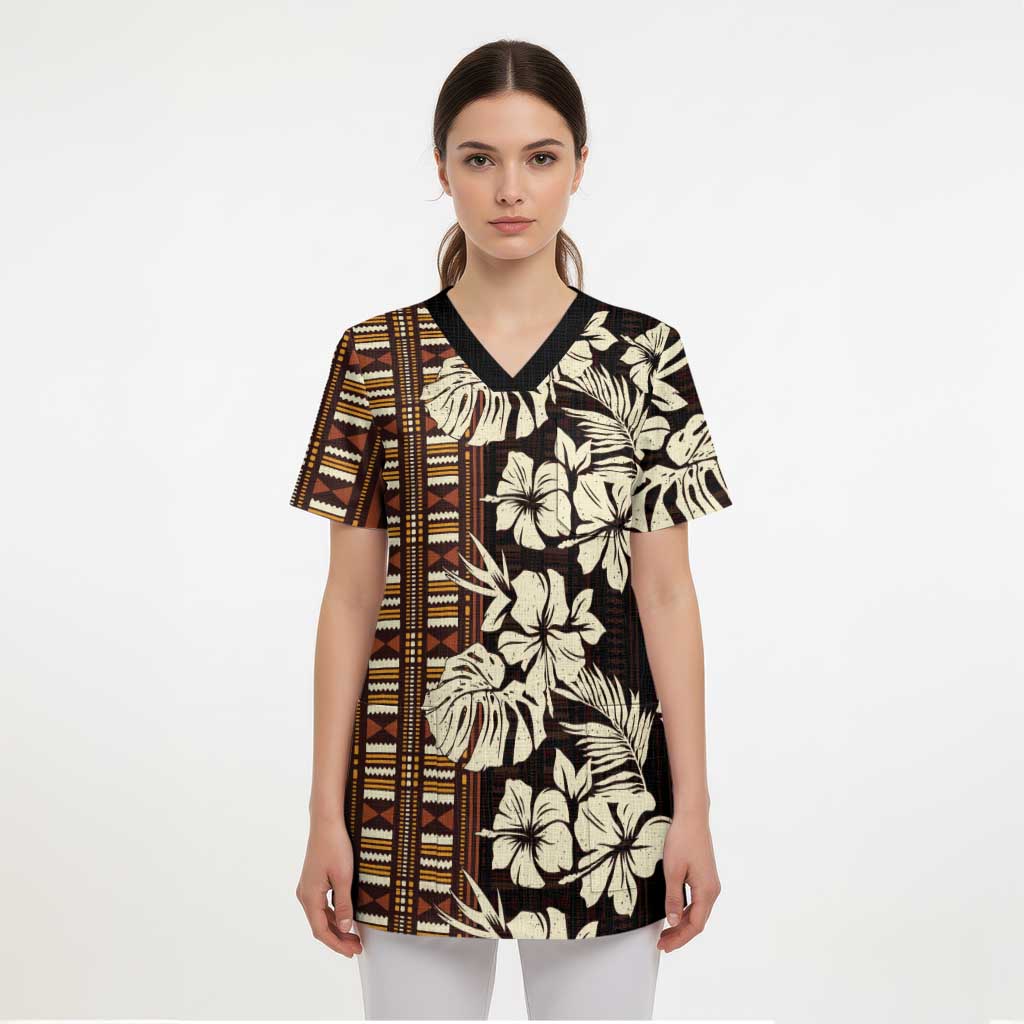 Bula Fiji Masi Scrub Top Tapa Tropical Hibiscus Half Stylized - Polynesian Pride