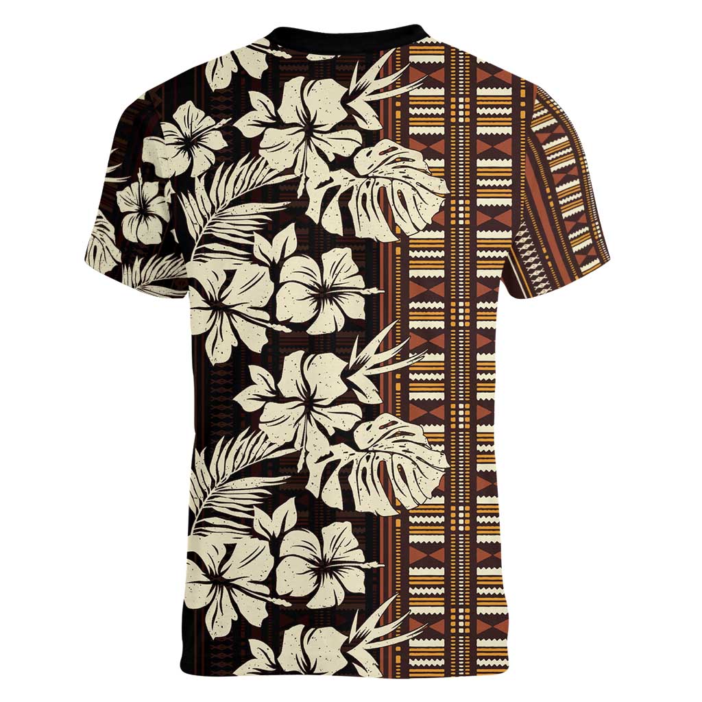 Bula Fiji Masi Women V-Neck T-Shirt Tapa Tropical Hibiscus Half Stylized - Polynesian Pride