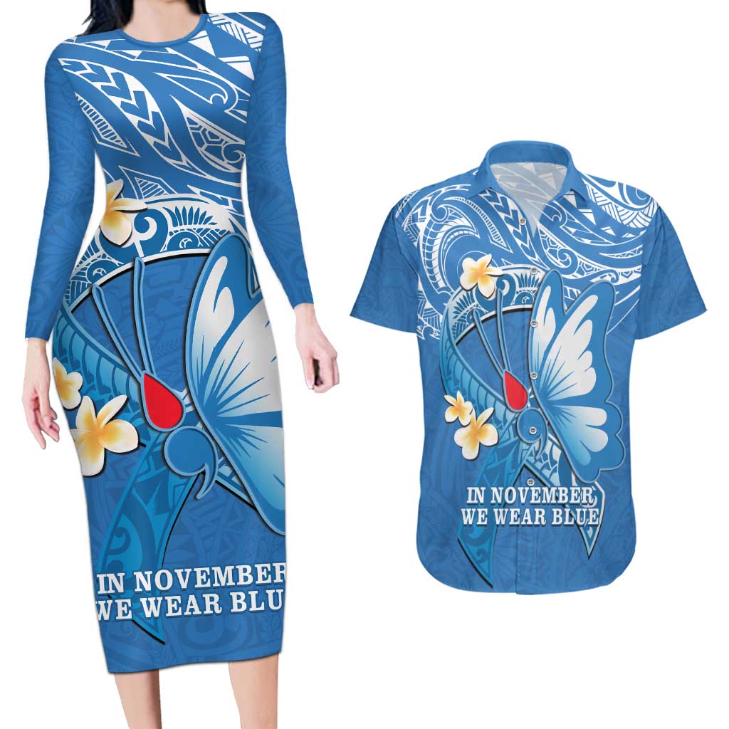 Polynesia Diabetes Awareness Month Couples Matching Long Sleeve Bodycon Dress and Hawaiian Shirt In November We Wear Blue