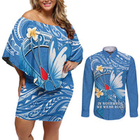Polynesia Diabetes Awareness Month Couples Matching Off Shoulder Short Dress and Long Sleeve Button Shirt In November We Wear Blue