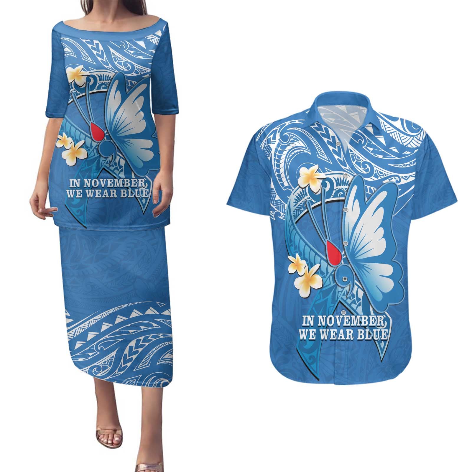 Polynesia Diabetes Awareness Month Couples Matching Puletasi and Hawaiian Shirt In November We Wear Blue