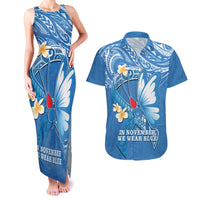 Polynesia Diabetes Awareness Month Couples Matching Tank Maxi Dress and Hawaiian Shirt In November We Wear Blue