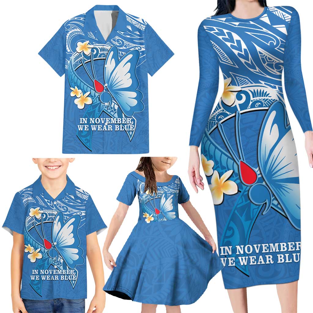 Polynesia Diabetes Awareness Month Family Matching Long Sleeve Bodycon Dress and Hawaiian Shirt In November We Wear Blue
