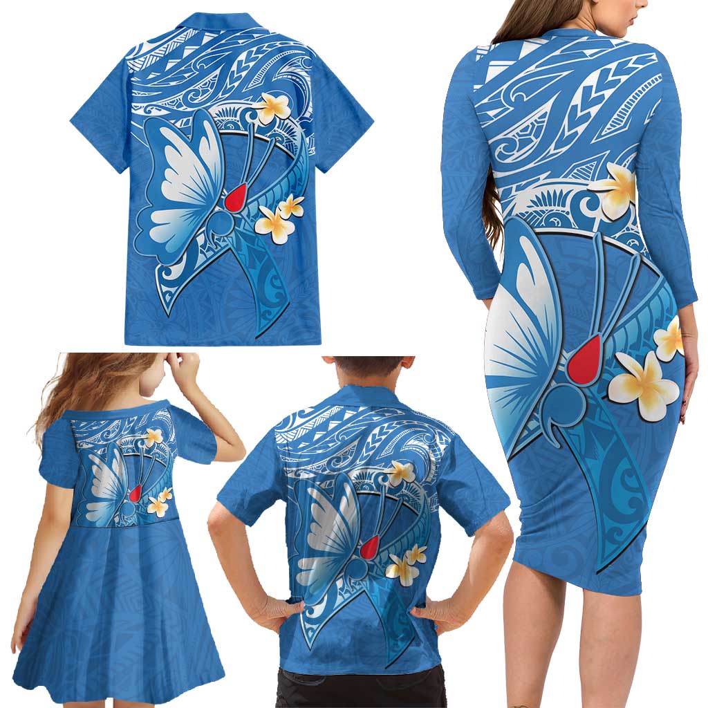 Polynesia Diabetes Awareness Month Family Matching Long Sleeve Bodycon Dress and Hawaiian Shirt In November We Wear Blue