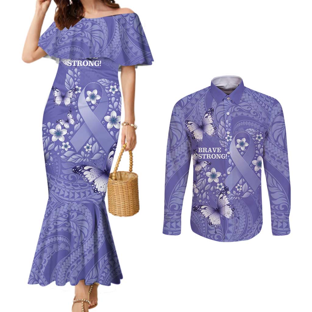 Polynesia Stomach Cancer Awareness Couples Matching Mermaid Dress and Long Sleeve Button Shirt Periwinkle Ribbon Brave Strong!