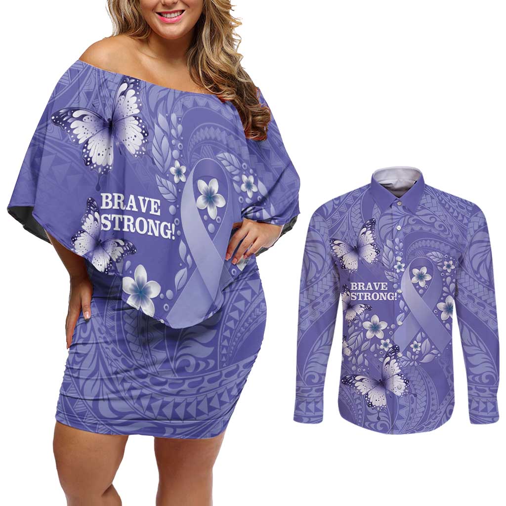 Polynesia Stomach Cancer Awareness Couples Matching Off Shoulder Short Dress and Long Sleeve Button Shirt Periwinkle Ribbon Brave Strong!