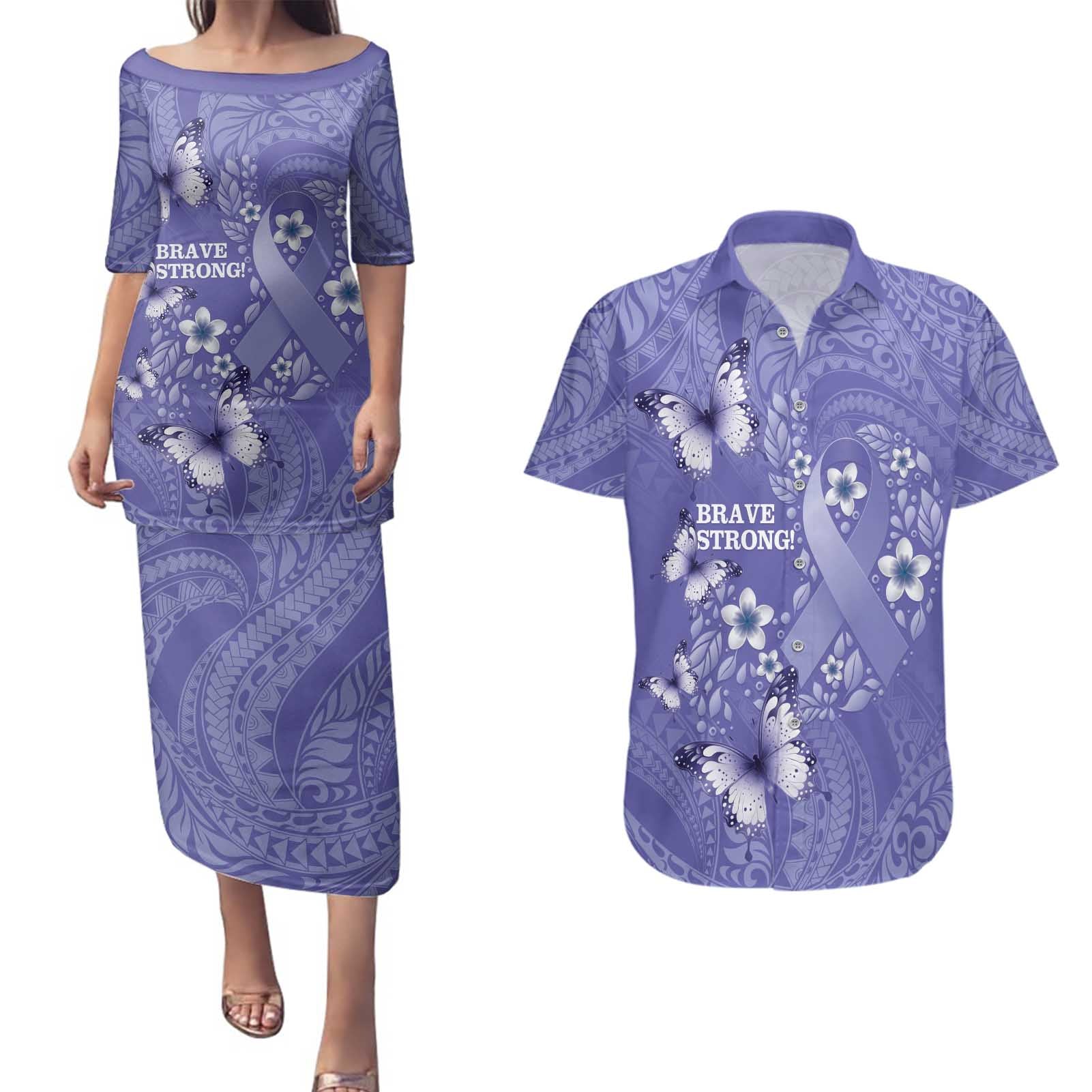 Polynesia Stomach Cancer Awareness Couples Matching Puletasi and Hawaiian Shirt Periwinkle Ribbon Brave Strong!