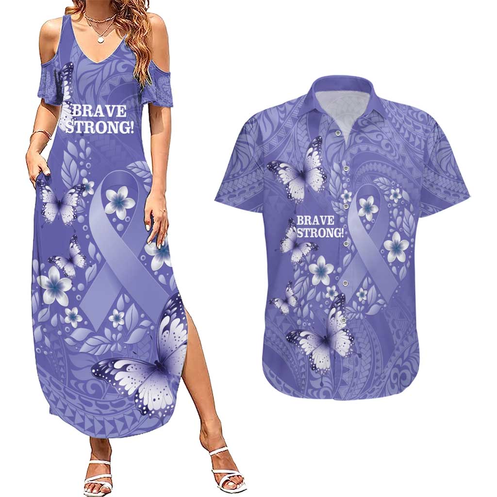 Polynesia Stomach Cancer Awareness Couples Matching Summer Maxi Dress and Hawaiian Shirt Periwinkle Ribbon Brave Strong!