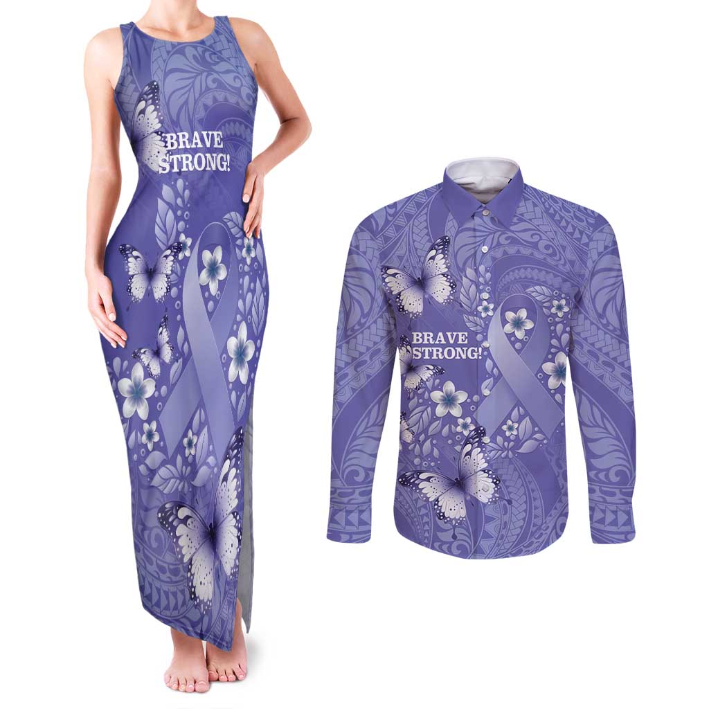 Polynesia Stomach Cancer Awareness Couples Matching Tank Maxi Dress and Long Sleeve Button Shirt Periwinkle Ribbon Brave Strong!