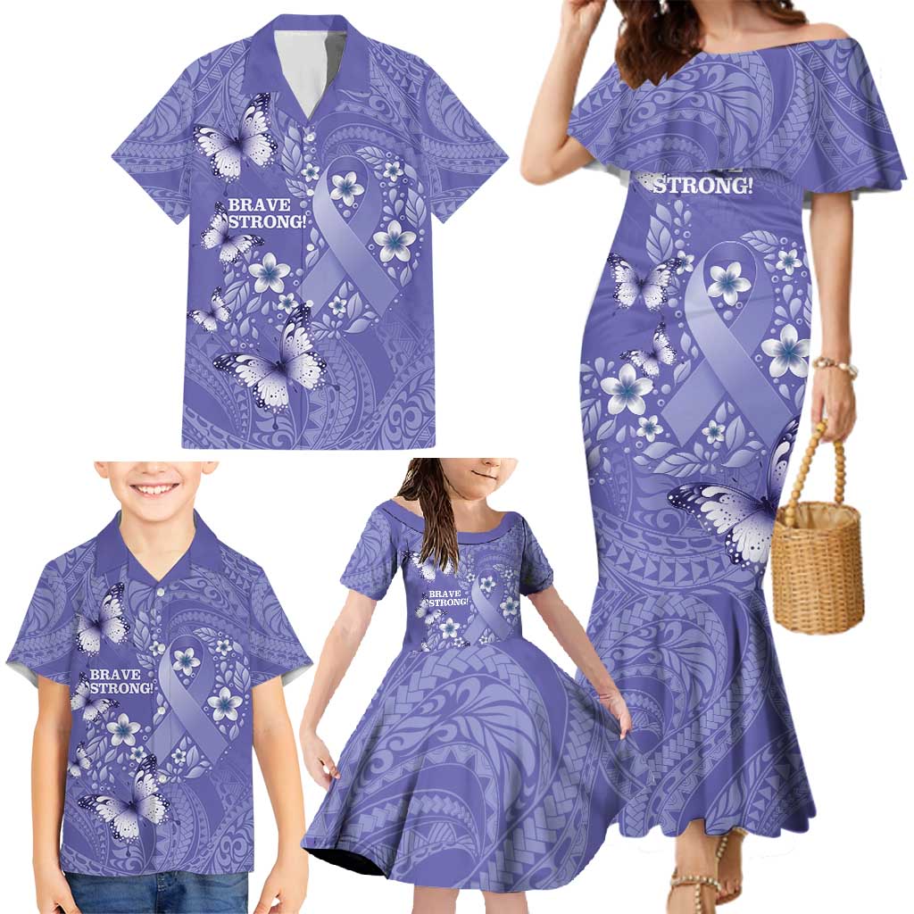 Polynesia Stomach Cancer Awareness Family Matching Mermaid Dress and Hawaiian Shirt Periwinkle Ribbon Brave Strong!
