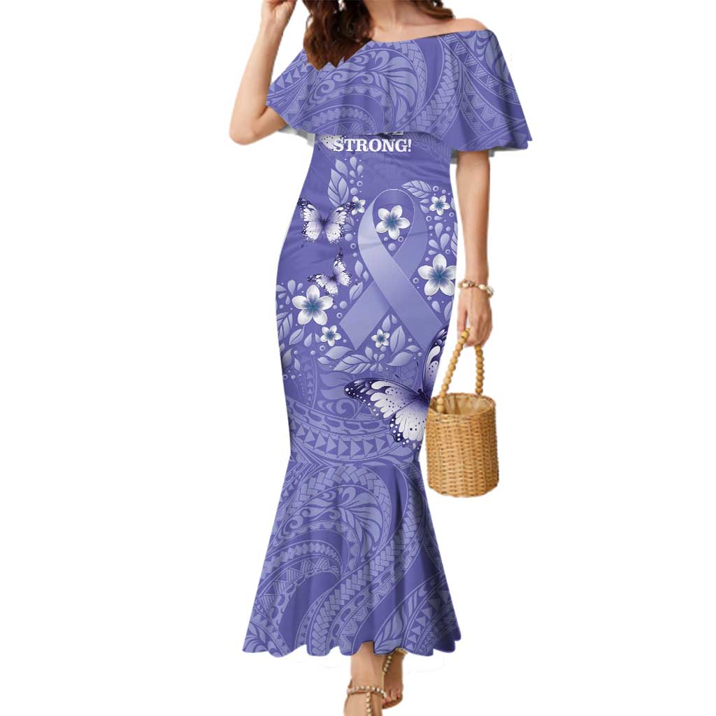 Polynesia Stomach Cancer Awareness Family Matching Mermaid Dress and Hawaiian Shirt Periwinkle Ribbon Brave Strong!