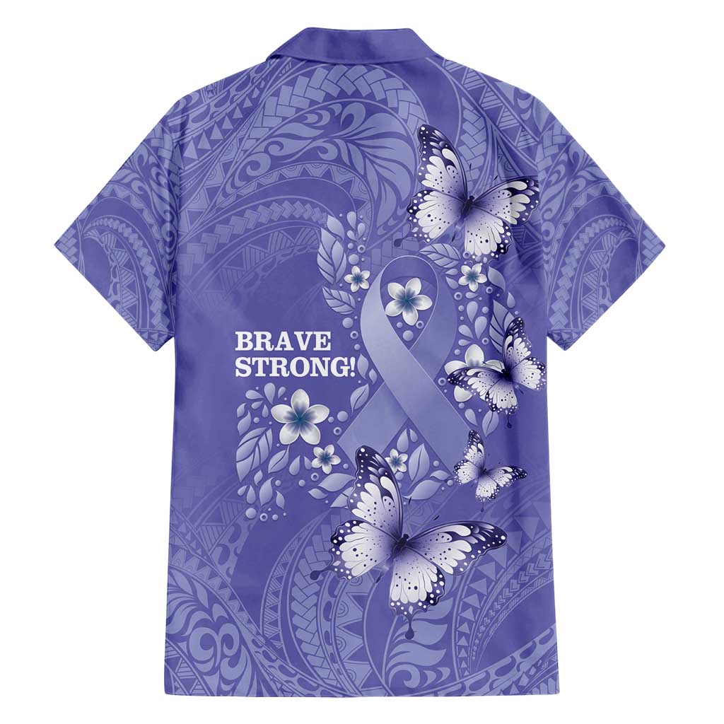 Polynesia Stomach Cancer Awareness Family Matching Off Shoulder Short Dress and Hawaiian Shirt Periwinkle Ribbon Brave Strong!