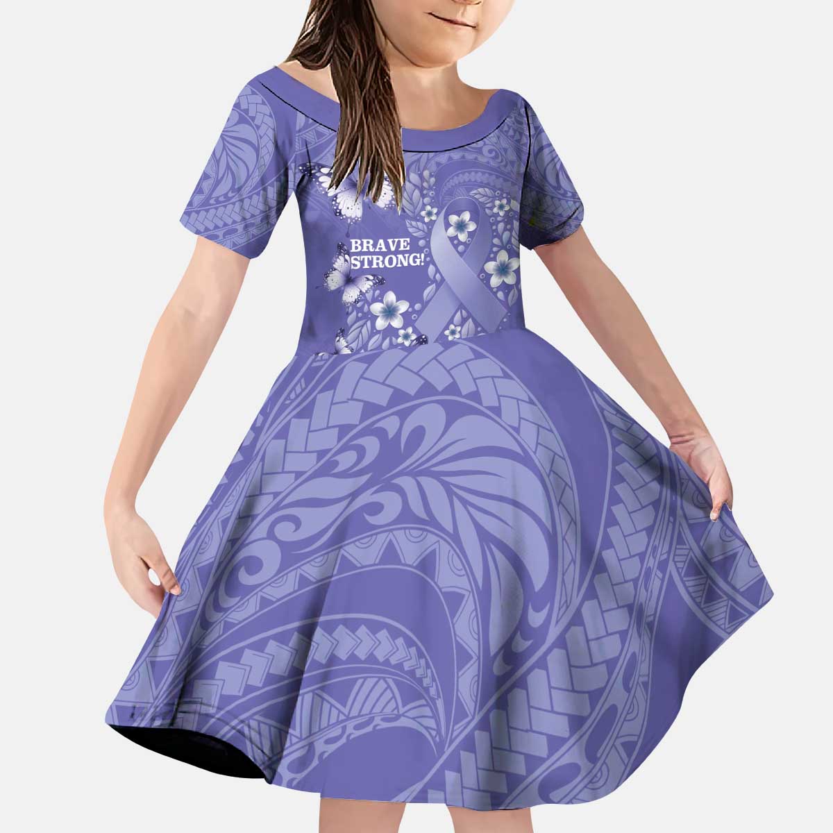 Polynesia Stomach Cancer Awareness Kid Short Sleeve Dress Periwinkle Ribbon Brave Strong!