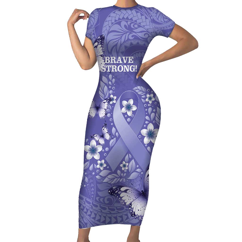 Polynesia Stomach Cancer Awareness Short Sleeve Bodycon Dress Periwinkle Ribbon Brave Strong!