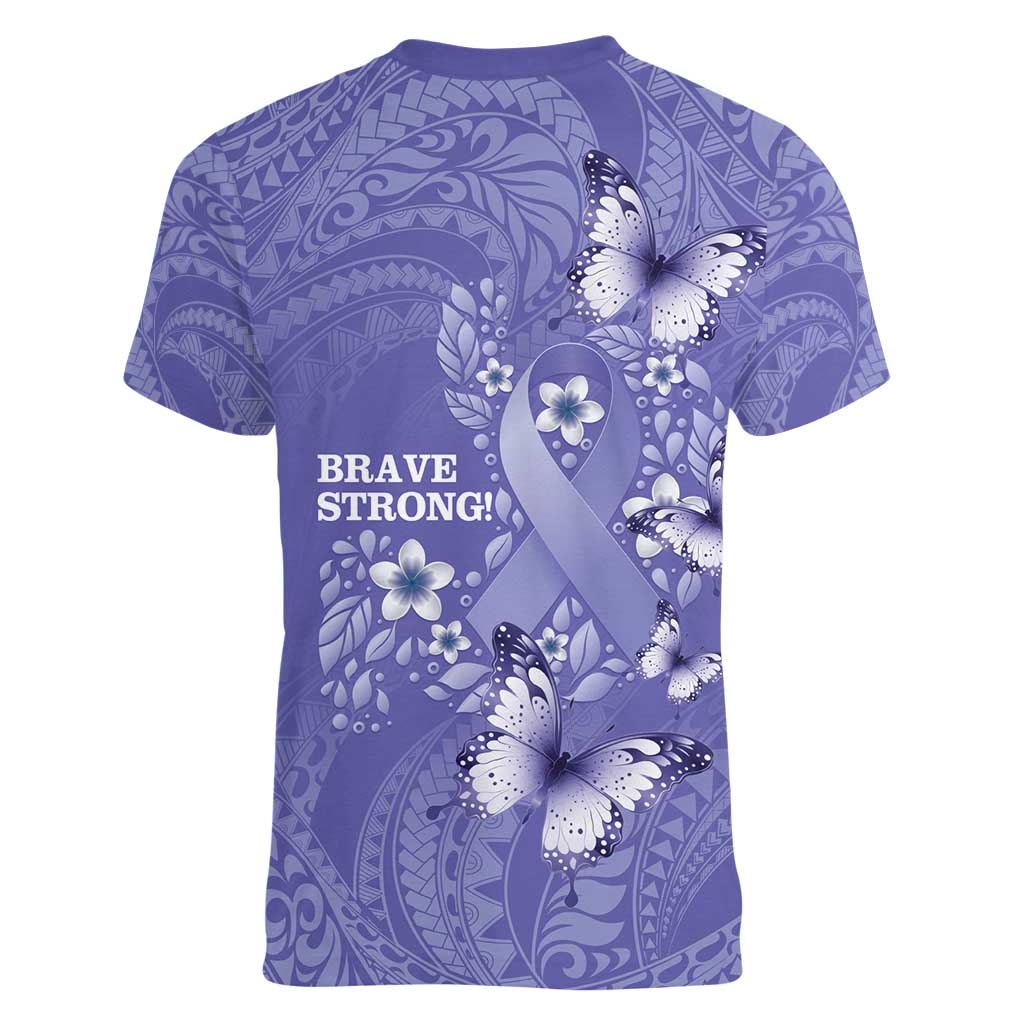 Polynesia Stomach Cancer Awareness Women V-Neck T-Shirt Periwinkle Ribbon Brave Strong!