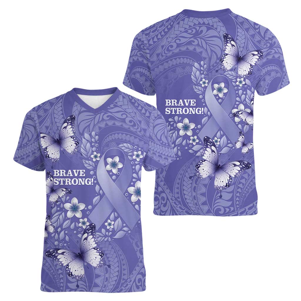 Polynesia Stomach Cancer Awareness Women V-Neck T-Shirt Periwinkle Ribbon Brave Strong!