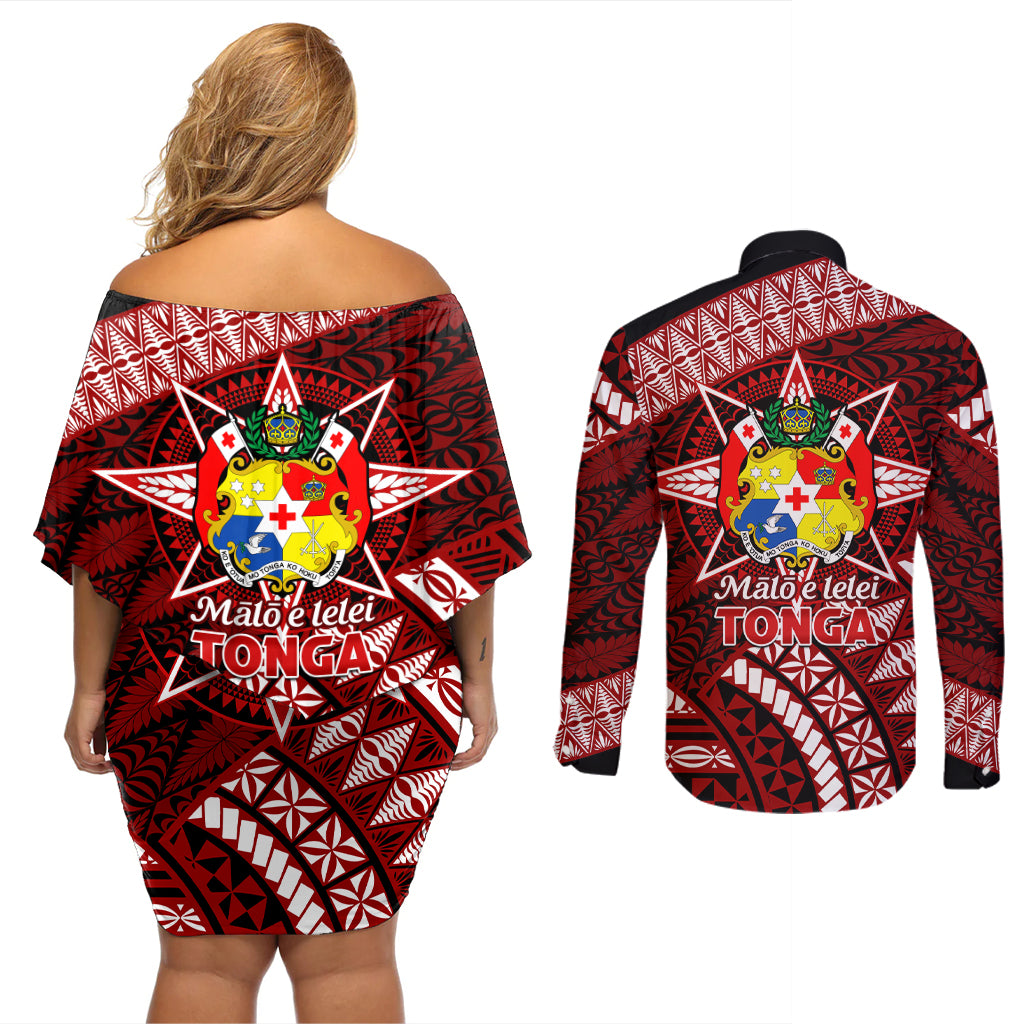 Malo e lelei Tonga Couples Matching Off Shoulder Short Dress and Long Sleeve Button Shirt Tongan Ngatu Pattern Red Version LT14 - Polynesian Pride