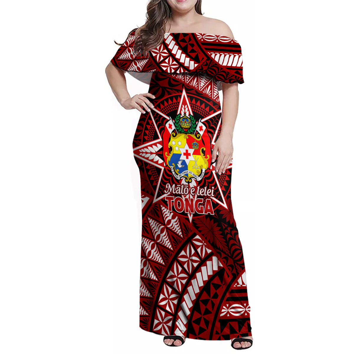 Malo e lelei Tonga Family Matching Off Shoulder Maxi Dress and Hawaiian Shirt Tongan Ngatu Pattern Red Version LT14 Mom's Dress Red - Polynesian Pride