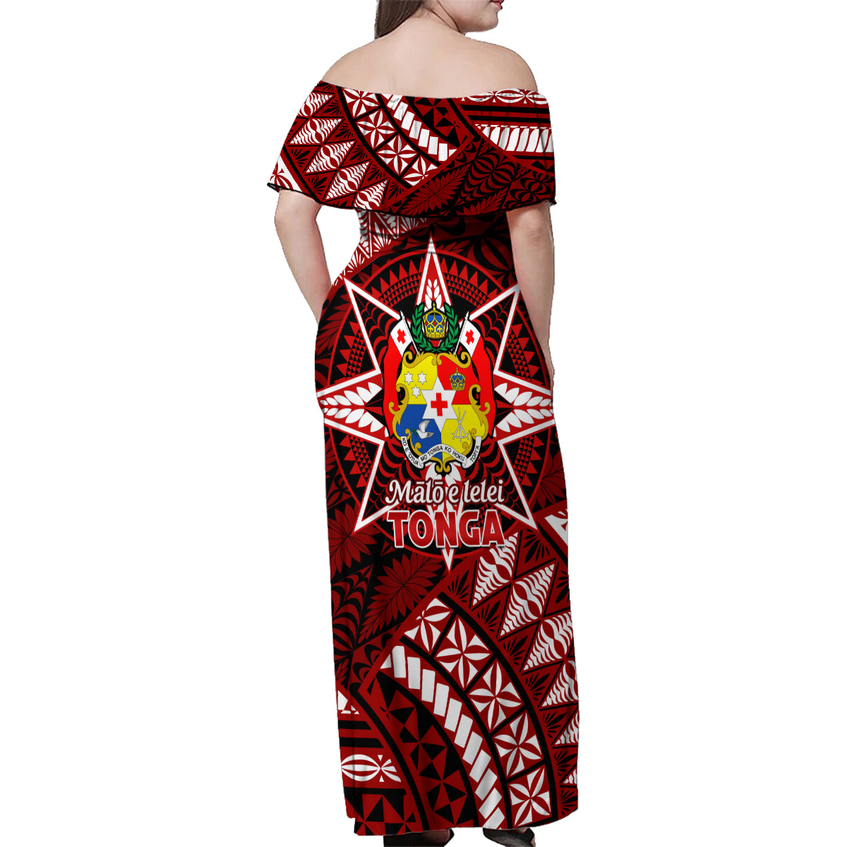 Malo e lelei Tonga Family Matching Off Shoulder Maxi Dress and Hawaiian Shirt Tongan Ngatu Pattern Red Version LT14 - Polynesian Pride