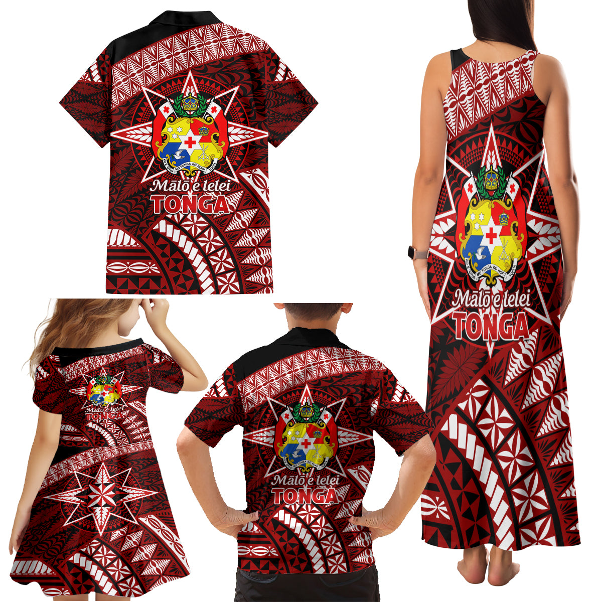 Malo e lelei Tonga Family Matching Tank Maxi Dress and Hawaiian Shirt Tongan Ngatu Pattern Red Version LT14 - Polynesian Pride