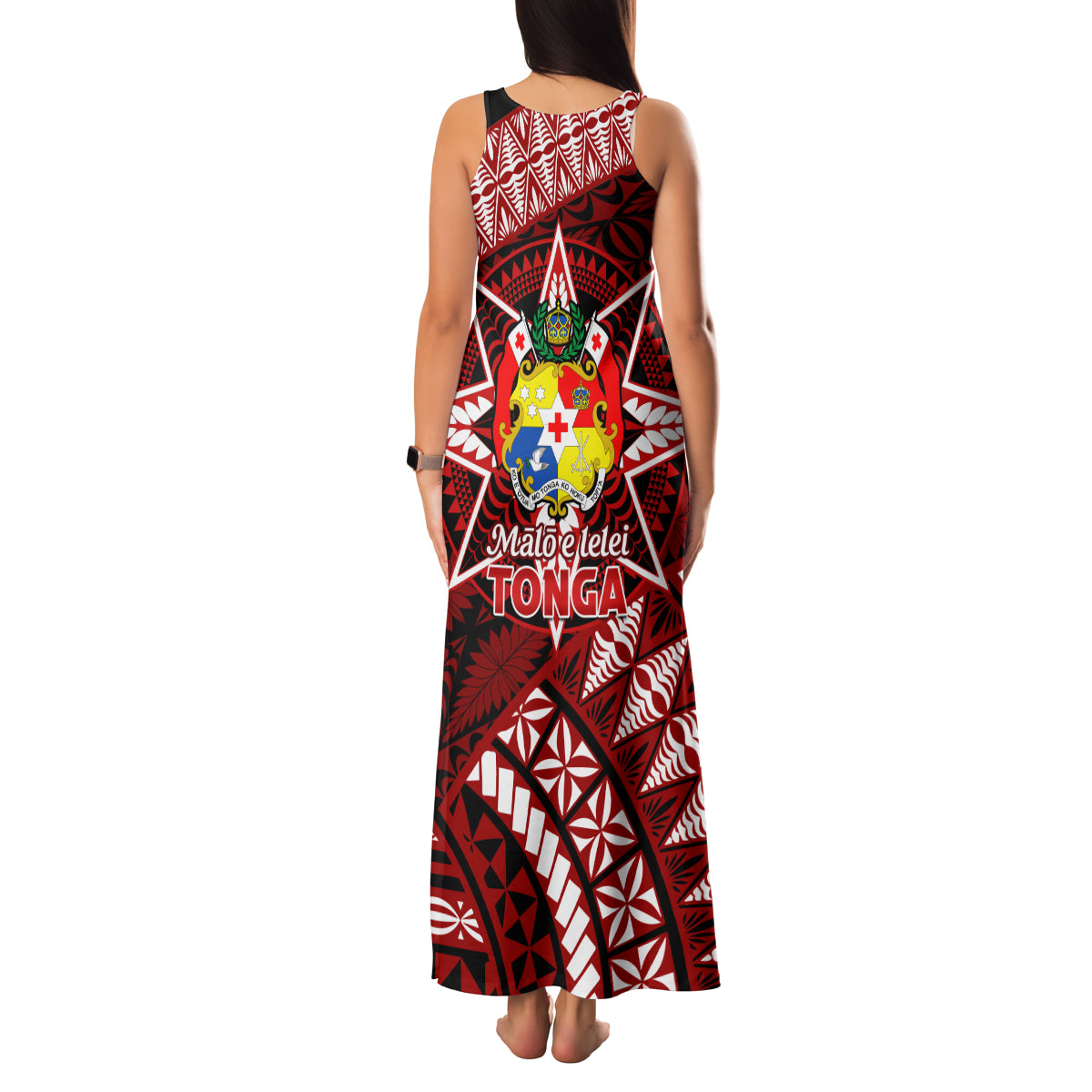 Malo e lelei Tonga Family Matching Tank Maxi Dress and Hawaiian Shirt Tongan Ngatu Pattern Red Version LT14 - Polynesian Pride